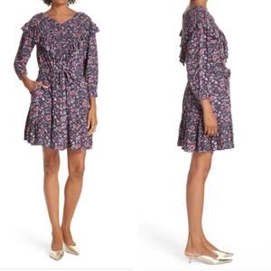 La Vie Rebecca Taylor Toile Flower Block Print Ruffle Trim Mini Dress S